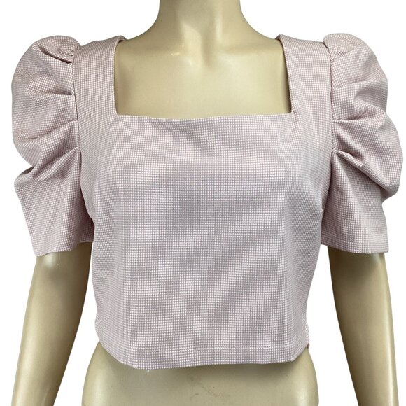 TCEC Crop Top Size Large NWT Puff Sleeve Houndstooth Square Neck Pink - Picture 6 of 6